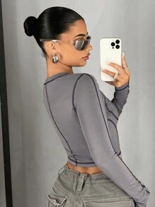 SHEIN ICON Top-stitching Crop Tee - Grey - View 2