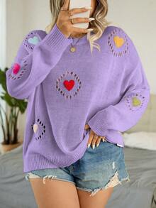 Calvaya Plus Size Heart Pattern Hollow Out Knit Slouchy Sweater - Lilac Purple - View 5