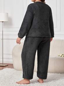 大碼字母刺繡法蘭絨睡衣套裝 - 黑色 - 查看 2