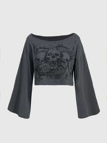 ROMWE Grunge Punk 女士骷髅印花落肩 T 恤，学校 - 灰色 - 查看 1