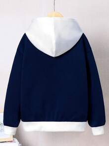 SHEIN 青少年男孩标语图案撞色滚边保暖内衬卫衣 - 藍色 - 查看 2