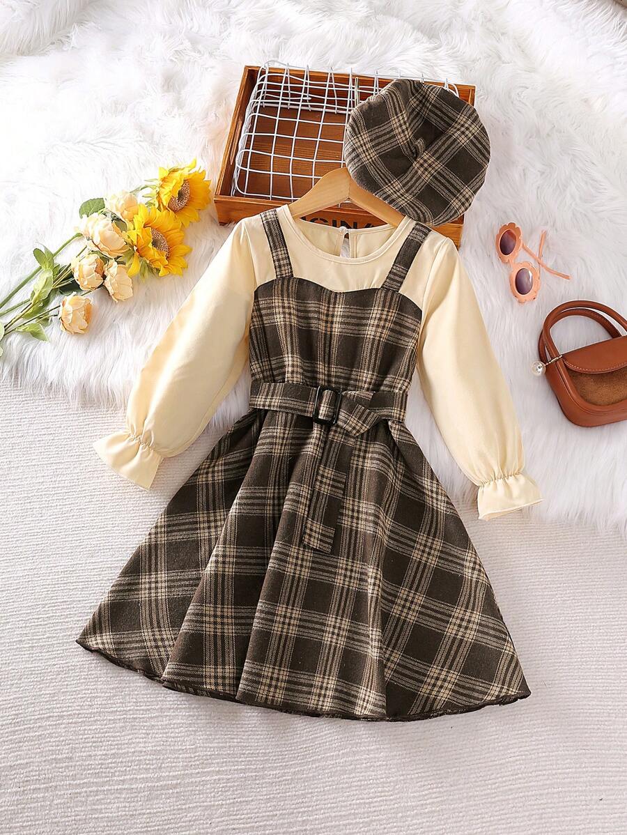 青少女裝春秋長袖拼接格子長裙 - 棕色 - 查看 1