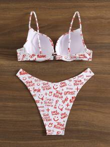 SHEIN Swim 2pcs/Set Cute Cartoon Letter Print Bikini Set, Vacation Bikini Summer Beach - Multicolor - View 4