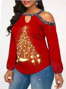 SHEIN LUNE 加上圣诞节印花露肩灯笼袖 T 恤新年衣服图案 T 恤女式上衣 - 紅色 - 查看 5