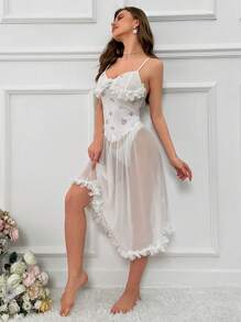 花卉圖案荷葉邊網紗吊帶睡裙,不附內褲 - 白色 - 查看 5