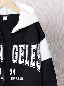 SHEIN 青少年男孩字母图案双色拉链卫衣 - 黑色 - 查看 3