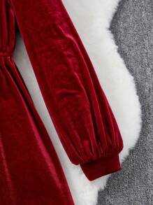 SHEIN Tween Girl Peter Pan Collar Button Front Velvet Dress - Red - View 5