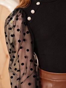 Cô gái Tween Dệt kim Vá lại Ống tay áo Áo Và Dệt Chất rắn chất liệu da PU Váy chữ A Bộ - màu đen - Xem 5