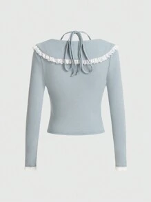 ROMWE Kawaii Women's Lace Trimmed Collar & Neck Tie Design Long Sleeve T-shirt - Blue - View 2