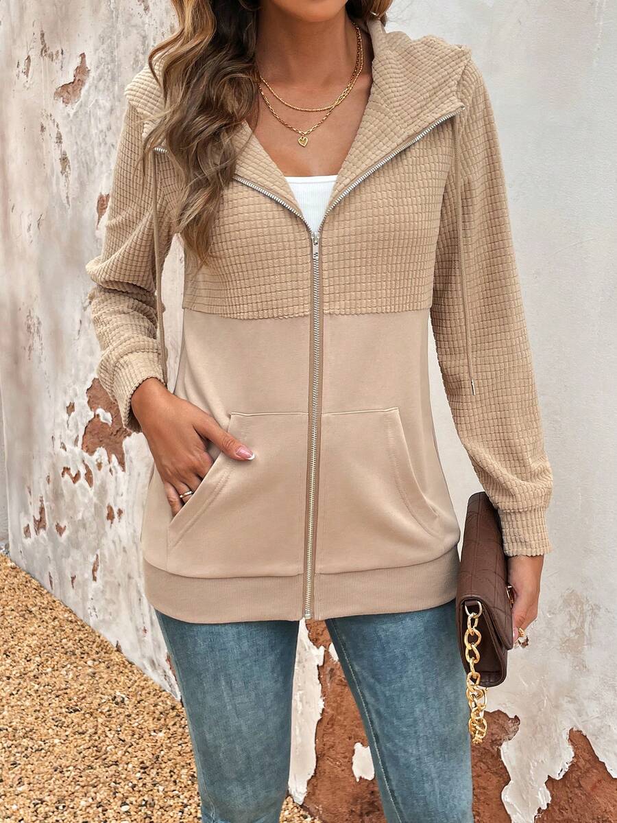 SHEIN LUNE 拼接連帽運動衫 - 駝色 - 查看 1