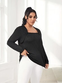 Yoga Basic Women's Plus Size Square Neck Yoga Long Sleeve Sports T-shirt - Black - View 3