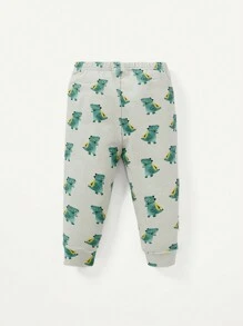 Juego de pijama para bebé niño, patrón de pequeño dinosaurio en la parte superior de cuello redondo y partes inferiores de pie, ajuste cómodo, 2 piezas - Verde - Ver 2