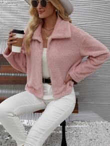 SHEIN Clasi Drop Shoulder Teddy Jacket - Dusty Pink - View 6