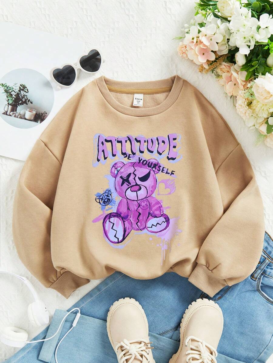 Tween Girl Bear & Letter Graphic Drop Shoulder Thermal Lined Sweatshirt - Khaki - View 1