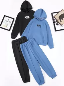 SHEIN Tween Boy 2pcs Letter Graphic Kangaroo Pocket Hoodie & 2pcs Sweatpants - Blue - View 1