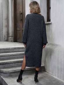 SHEIN Clasi 女士實色蝙蝠袖毛衣連衣裙,劈叉裙擺,不包含腰帶 - 深灰色 - 查看 2