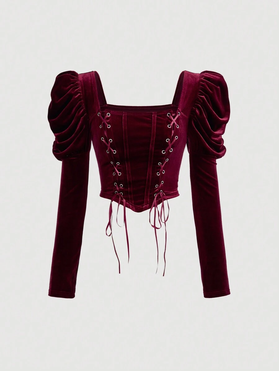 SHEIN MOD Top de cuello cuadrado de manga gigot con cordón delantero - Burdeos - Ver 1
