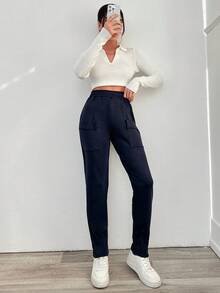 SHEIN Cottnline Solid Color Pocket Cargo Long Pants - Navy Blue - View 4