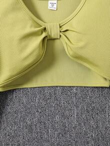 Girls' Knot Detail Knit Top And All Over Print Cami Dress Set - Olive Green - View 4