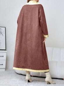 Calvaya Plus Size Double-breasted Long Coat With Velvet Lining - Brown - View 2