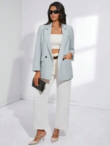 SHEIN Essnce 純色翻領雙排扣西裝外套 - 淺藍色 - 查看 3
