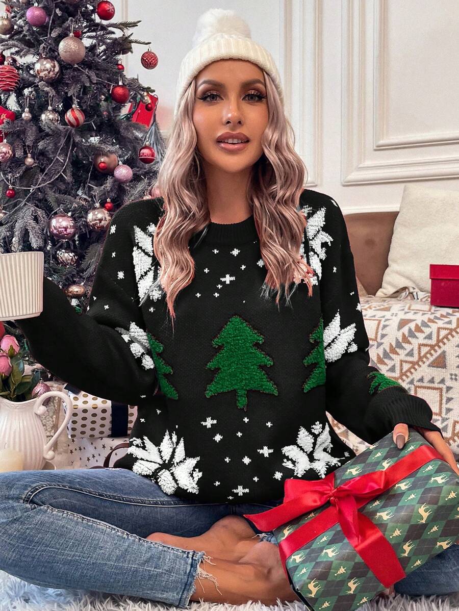 SHEIN LUNE Women's Christmas Tree Towel Embroidered Sweater - Black - View 1