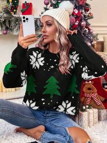 SHEIN LUNE Women's Christmas Tree Towel Embroidered Sweater - Black - View 6
