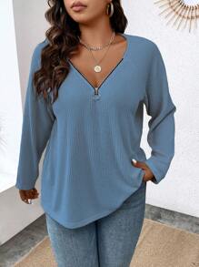 Calvaya Kích thước lớn Của phụ nữ Dây kéo Cái cổ Một nửa thân trước Tay Raglan Áo thun - Màu xanh lam - Xem 1