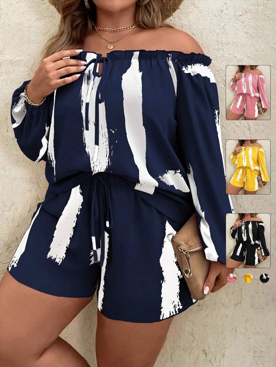 Breezaya 大碼筆刷圖案一字肩燈籠袖上衣和短褲 - 藍白色 - 查看 1