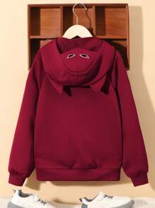 SHEIN 青少年男孩卡通图案3D耳朵设计卫衣 - 酒紅色 - 查看 2