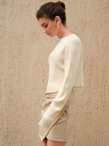 Anewsta Suéter de mujer de punto acanalado con hombros caídos para otoño e invierno - Beis - Ver 3