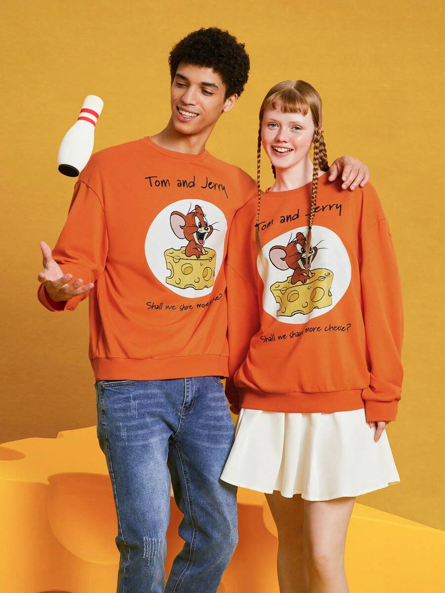 TOM & JERRY X SHEIN 男女通用1件卡通印花衛衣 - 橘色 - 查看 1