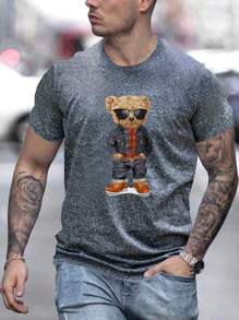 Nam Phù hợp thường Ngắn tay Áo thun Với Gấu In Mẫu , Đúng mốt Và Giải trí Mùa hè Áo Quần áo Đối với Đi dạo - Màu xám đen - Xem 1