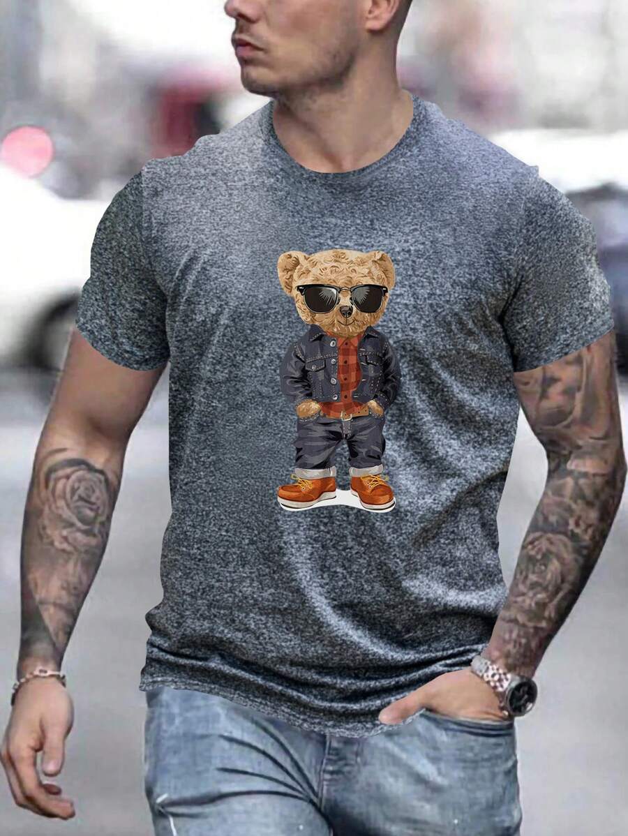 Nam Phù hợp thường Ngắn tay Áo thun Với Gấu In Mẫu , Đúng mốt Và Giải trí Mùa hè Áo Quần áo Đối với Đi dạo - Màu xám đen - Xem 1