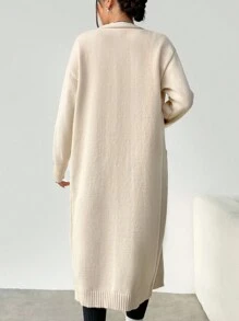 SHEIN Essnce 杏顏色前紐扣落肩袖開襟衫帶雙面口袋 - 米色 - 查看 2