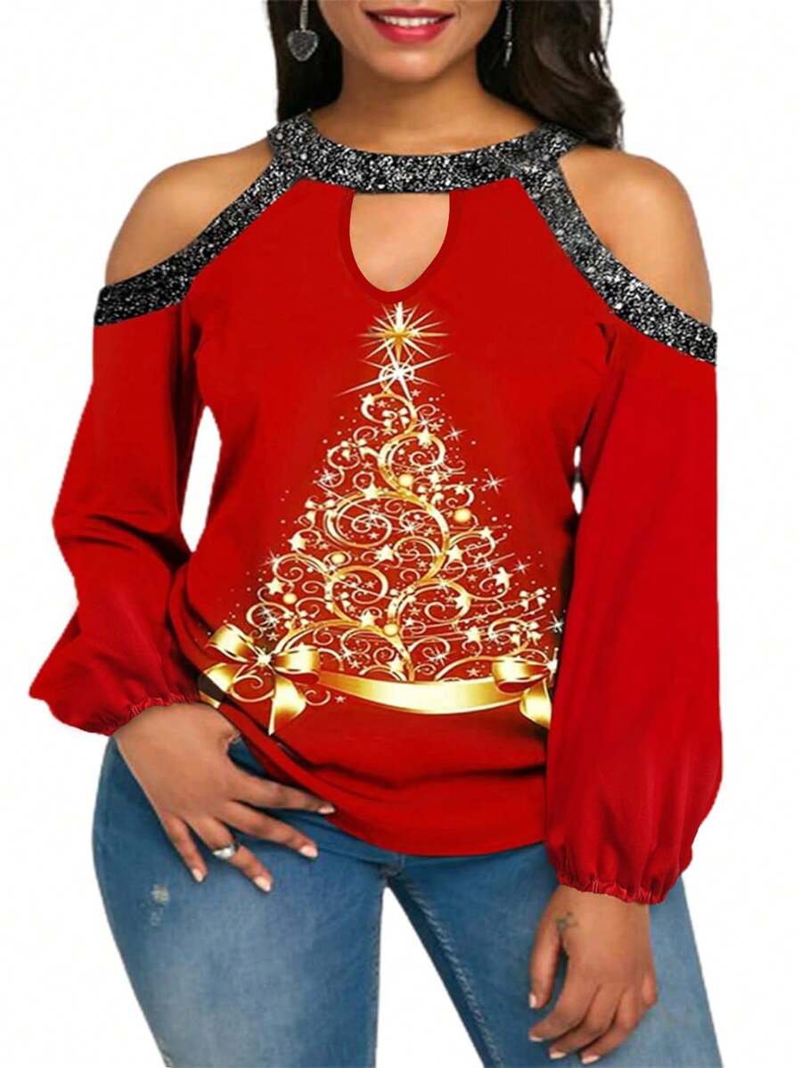 SHEIN LUNE 加上圣诞节印花露肩灯笼袖 T 恤新年衣服图案 T 恤女式上衣 - 紅色 - 查看 1