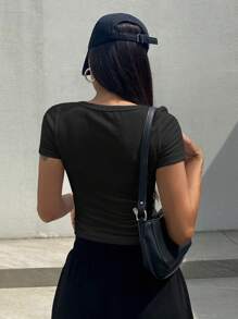 DAZY 女款圆领短袖褶饰T恤、短款上衣