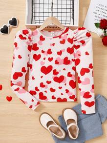 SHEIN 少女心印花泡泡袖t恤 - 紅白色 - 查看 1