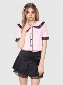 ROMWE Kawaii 女性蕾絲邊裝飾的粉紅色鈕扣前衣服 - 粉色 - 查看 4