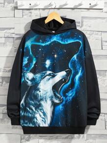 SHEIN 青少年男孩狼印花落肩卫衣 - 黑色 - 查看 1