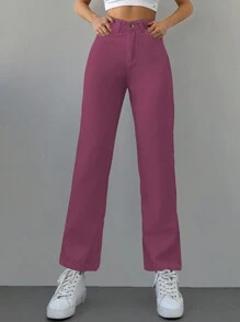 Cottnline High Waist Zipper Fly Denim Jeans - Baby Pink - View 4