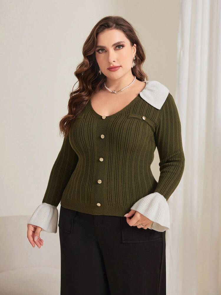 Plus Size Color Block Bell Sleeve Sweater Knit Pullover Fall Winter Sweater