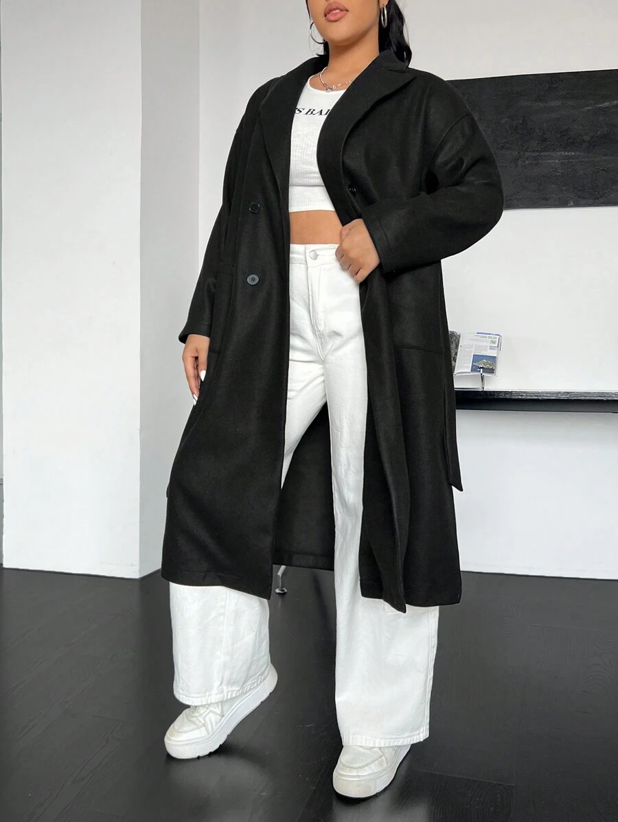 SHEIN EZwear Plus Size Women's Knitted Coat With Large Pockets And Drop Shoulders - Black - View 1