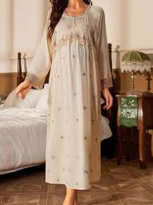 Moonlight&Mama 孕妇花卉刺绣网眼饰边喇叭袖睡裙，适合妈妈、睡衣裙 - 杏色 - 查看 5