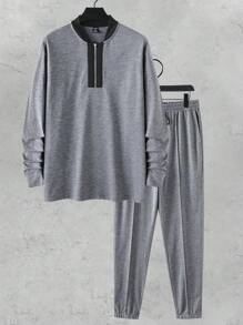 Manfinity Homme 男士大尺碼長袖長褲兩件套 - 深灰色 - 查看 6