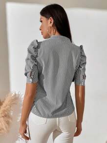 SHEIN Clasi 條紋v領泡泡袖女士襯衫 - 黑色 - 查看 2