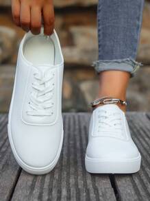 Zapatillas Deportivas Blancas Con Cordones Para Mujeres Con Patrón Floral Británico, Punta Redonda, Parte Superior Plana Y Baja, Zapatos De Skate De Moda, Transpirables Y Antideslizantes Para Estudiantes - Blanco - Ver 4