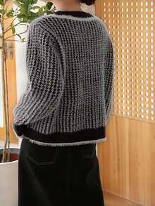 休闲格纹纽扣开衫，秋冬款 - 黑色 - 查看 2