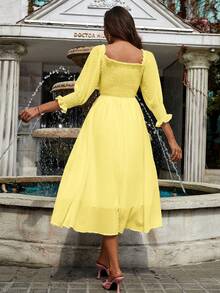 SHEIN Clasi 瑞士點點紮結前面荷葉袖連衣裙 - 黃色 - 查看 2