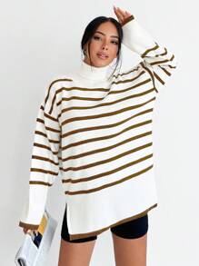 SHEIN Cottnline سويتر النساء ذو الرقبة العالية المخطط والكتف المنخفض مع شق أمامي في الحافة - بيج - مشاهدة 3